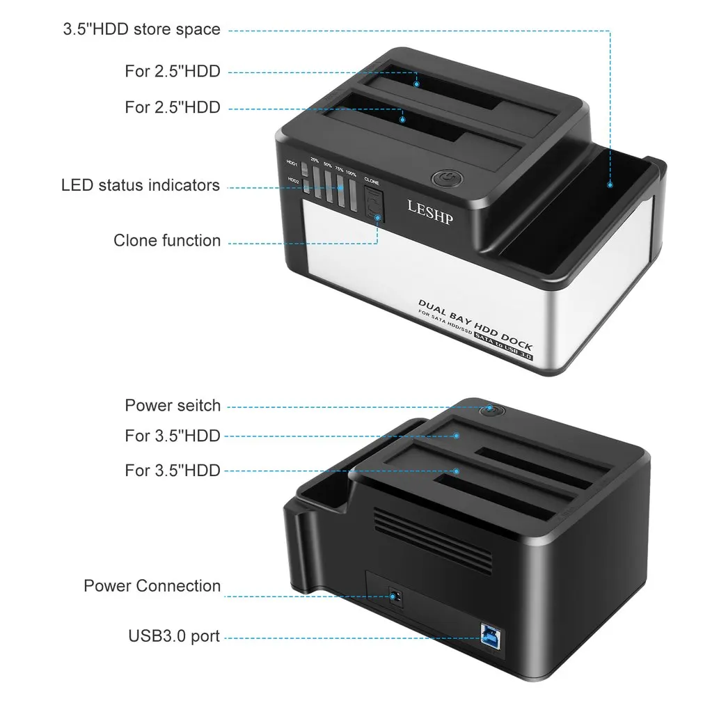  Dual bahías HDD Dock USB 30 a SATA HDD estación de acoplamiento SSD con clon para 25 