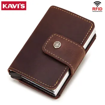 

KAVIS Rfid Card Holder Automatic Men ID Aluminum Card Wallets Male Vintage Coffee Short Purse Leather Slim Walet Thin and Small
