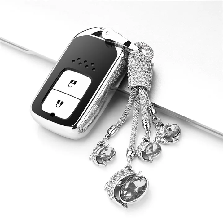 1 шт. умный пульт дистанционного управления Мягкий ТПУ Автомобильный ключ защитный кожух для Honda Vezel City Civic Jazz BRV BR-V HRV брелок 2 кнопки - Название цвета: A-Silver-keyring