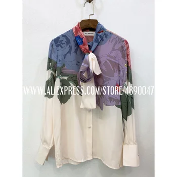 

Elegant temperament positioning flower print silk shirt 2020 women's quality casual stitching department led long sleeve shirt