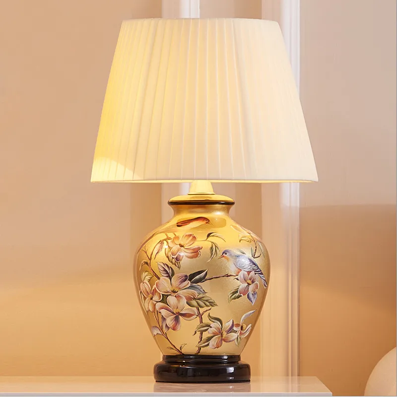 

Chinese style rural flower&bird brown ceramic Table Lamps Fashion fabric E27 LED lamp for bedside&foyer&studio&tea room MF020