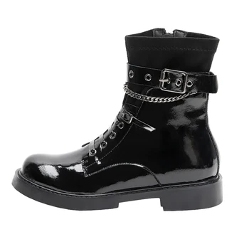 

Genuine Leather Cross Tied Women's Ankle Boots Thick low Heels Pumps Elegant Platform Winter Retro Party Casual Shoe Woman