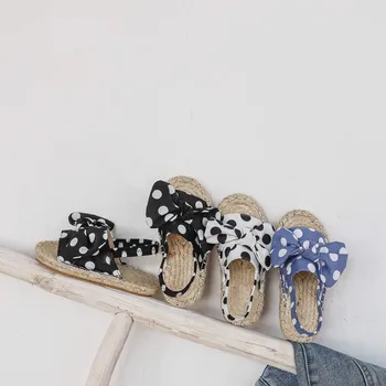 

2020 Summer New Style Sweet Ladies' Polka Dot Bow Slipper Pastoral Style Weaving GIRL'S Sandals Princess Shoes