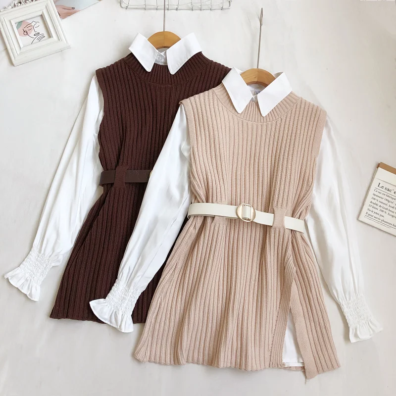 

Gowyimmes 2021 Autumn Two Piece Blouses +Kinitted Fashion Women White Shirt Lady Long Sleeve Blusas Basic Tops Bottomings PD947