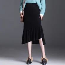 Женская юбка с высокой талией, с оборками, тонкая, неровная, вязаная, для девушек, Осень-зима, Корейская, элегантная, средней длины, Русалка, юбки 1806