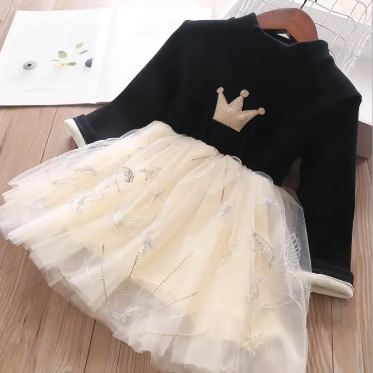 Черный Child Kids Crown Fleece Lining Patchwork Tulle Clothing Blue Black Color Princess Western Party Tutu Lovely Girls Dresses - Цвет: Черный