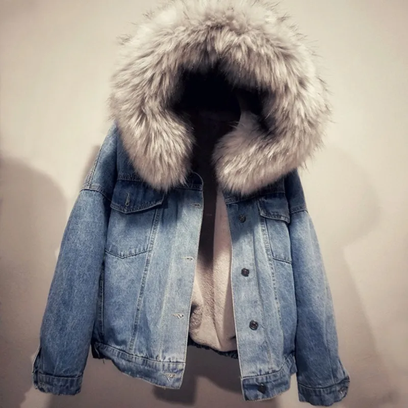 

2019 Fur Loose Female Coat Women Denim Warm Hooded Jacket Winter Thick Cotton Parka Chaqueta Mujer Harajuku Coats Outerwear Hood