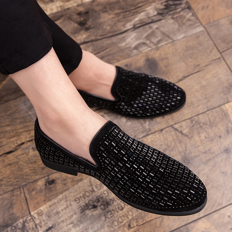 Brand Black Rhinestone Men Dress Shoes Velvet Crystal Luxury Moccasins Men's Loafers Office Business Party Flats Zapatos Hombre | Обувь