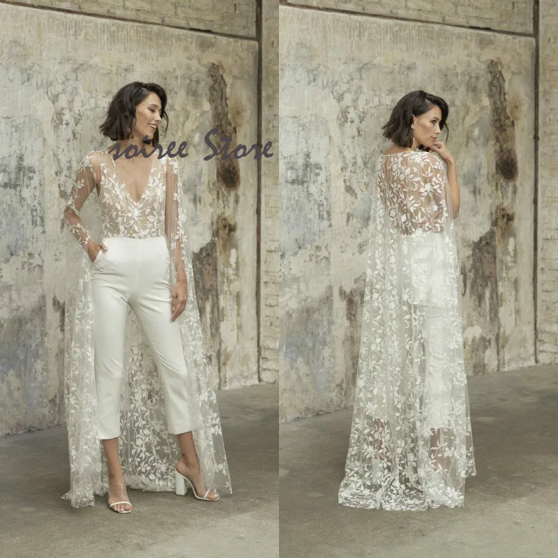 

Modest Jumpsuit Bridal Wedding Dresses With Pant Sexy V Neck Lace Wraps Boho Beach Wedding Dress 2020 Cheap Satin Bride Dress