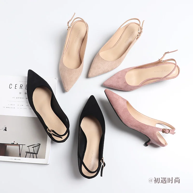 

Shoes Woman 2019 Spring 3.5cm mid Heels Slingbacks Shoes Female Thin High Heels Pint Toe Flock Women Summer Sandals Heels Shoes