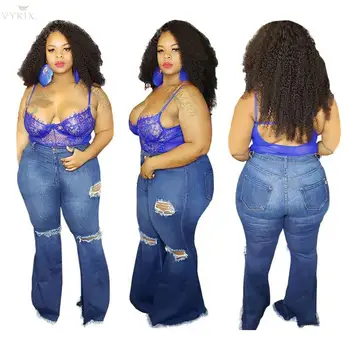 

XL-5XL Spring Denim Retro Solid Color Plus Size Jeans Hole Ripped Flare Pants Women Trousers Skinny Casual High Waist Pants