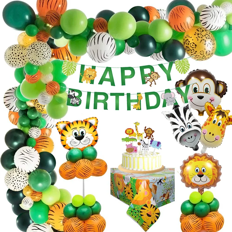 44pcs Set Jungle Safari Birthday Balloon Garland Banner Cake Topper Tablecloth Jungle Party Decoration Animal Balloon Ballons Accessories Aliexpress