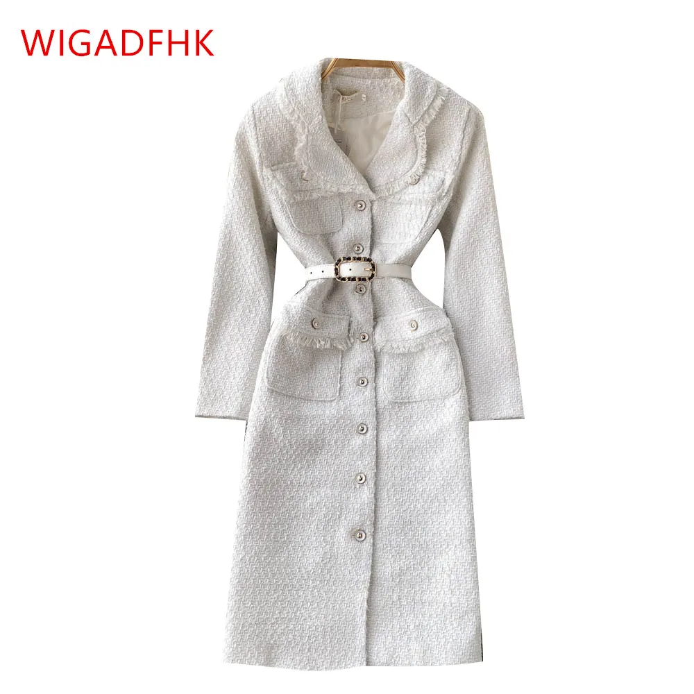 

Retro Small Fragrant Tweed Coat In Autumn And Winter 2021 High Quality Waist Mid-length Elegant Fashionable Simple White Coat