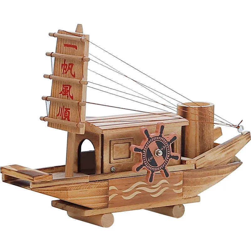 Chinese Antique Wood Sailboat Music Box Ornaments Pen Holder Wooden Children Birthday Gift | Дом и сад
