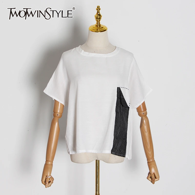 TWOTWINSTYLE повседневные Лоскутные необычные женские футболки с круглым вырезом и коротким рукавом, асимметричные женские футболки, модная одежда