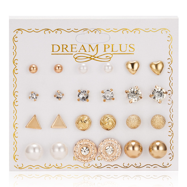 Pairs Stud Earrings Set for Women Statement Heart Star Snowflake Flower Crystal Pearl One Week Minimalist Set of Earrings Gift