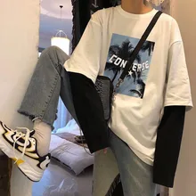 fall Coconut tree t-shirt with print Patchwork Fake two pieces Long sleeve All-match Creative streetwear Elegant plain t shirt fall Coconut tree t-shirt with print Patchwork Fake two pieces Long sleeve All-match Creative streetwear Elegant plain t shirt
