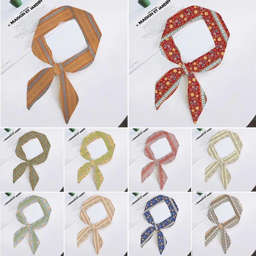 

Retro National Style Ladies Small Silk Scarf Mutiple-Function Print Twill Handle Bag Ribbons Variety Elegant Decorative Scarve