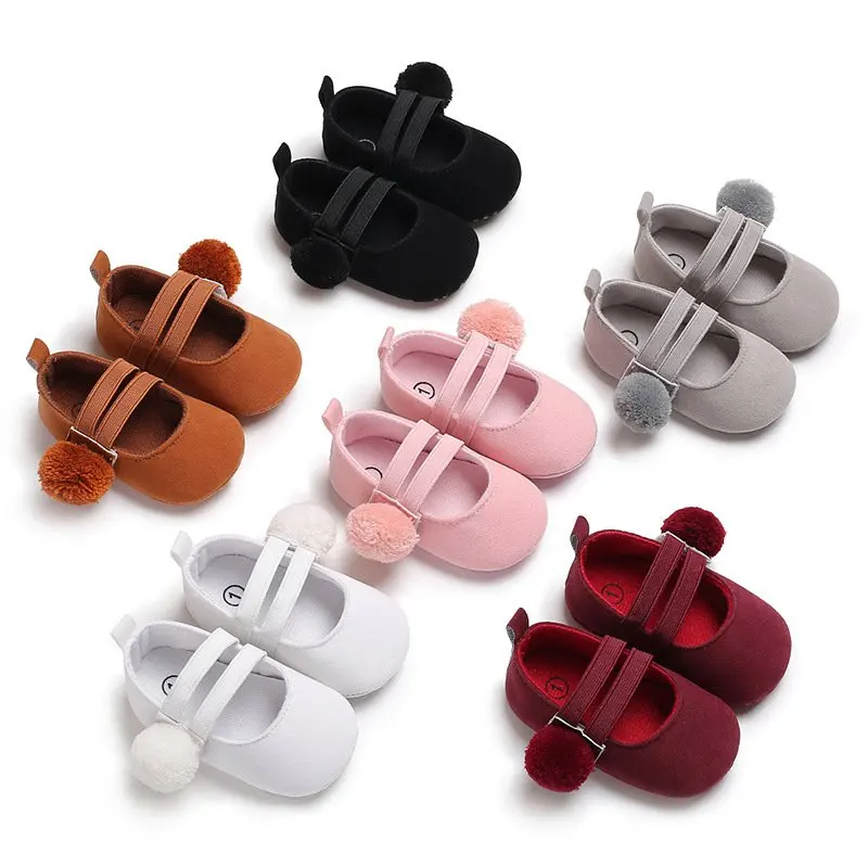 

Fashion Baby Shoes Infant Baby Girls Pompom Shoes First Walker Mary Jane Solid Color Shoes Soft Sole Crib Footwear Prewalkers