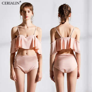 

Hot Sale Solid Swimming Suit For Women Fashion Ruffles Swimwear Popular Female Swimsuit Bathing Suits Bikini Set Plus Size XL