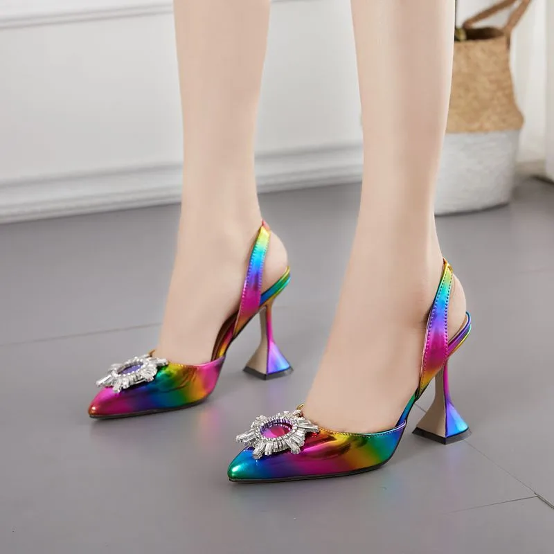 

Sun Flower Rhinestone Shallow Mouth Women's Sandals Plus Size 42 Summer 2020 Sandals Women's Shoes Colorful High Heel Slingbacks