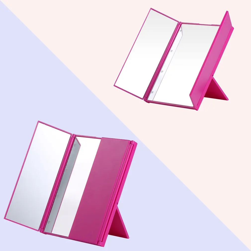 Portable 3 Color Tri-Fold Unadjustable Brightness 8 LED Lighted Travel Mirror with Battery Compact for Cosmetic Makeup