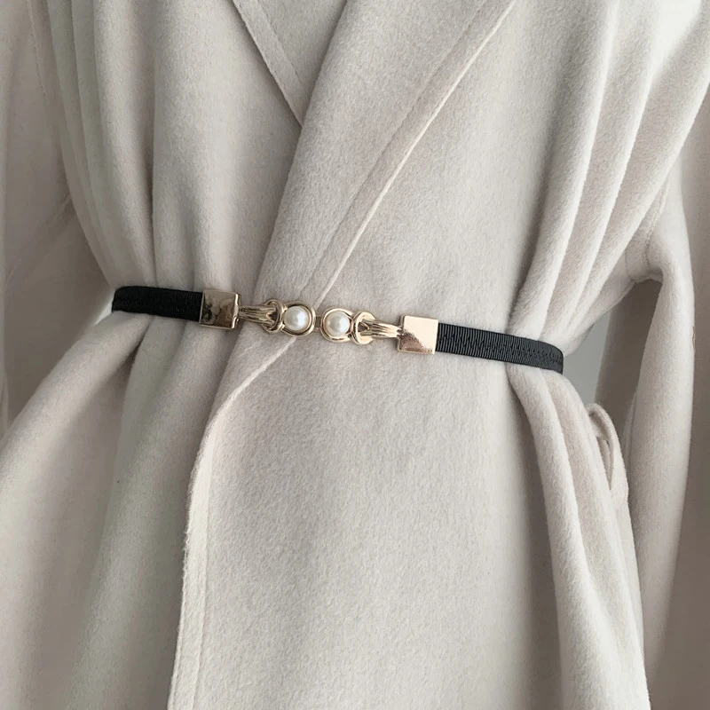 

Fashion Thin PU Leather Belt Simulated Pearl Elastic Waist Belts Women Dress Skirt Decoration Fashion Girls Gifts
