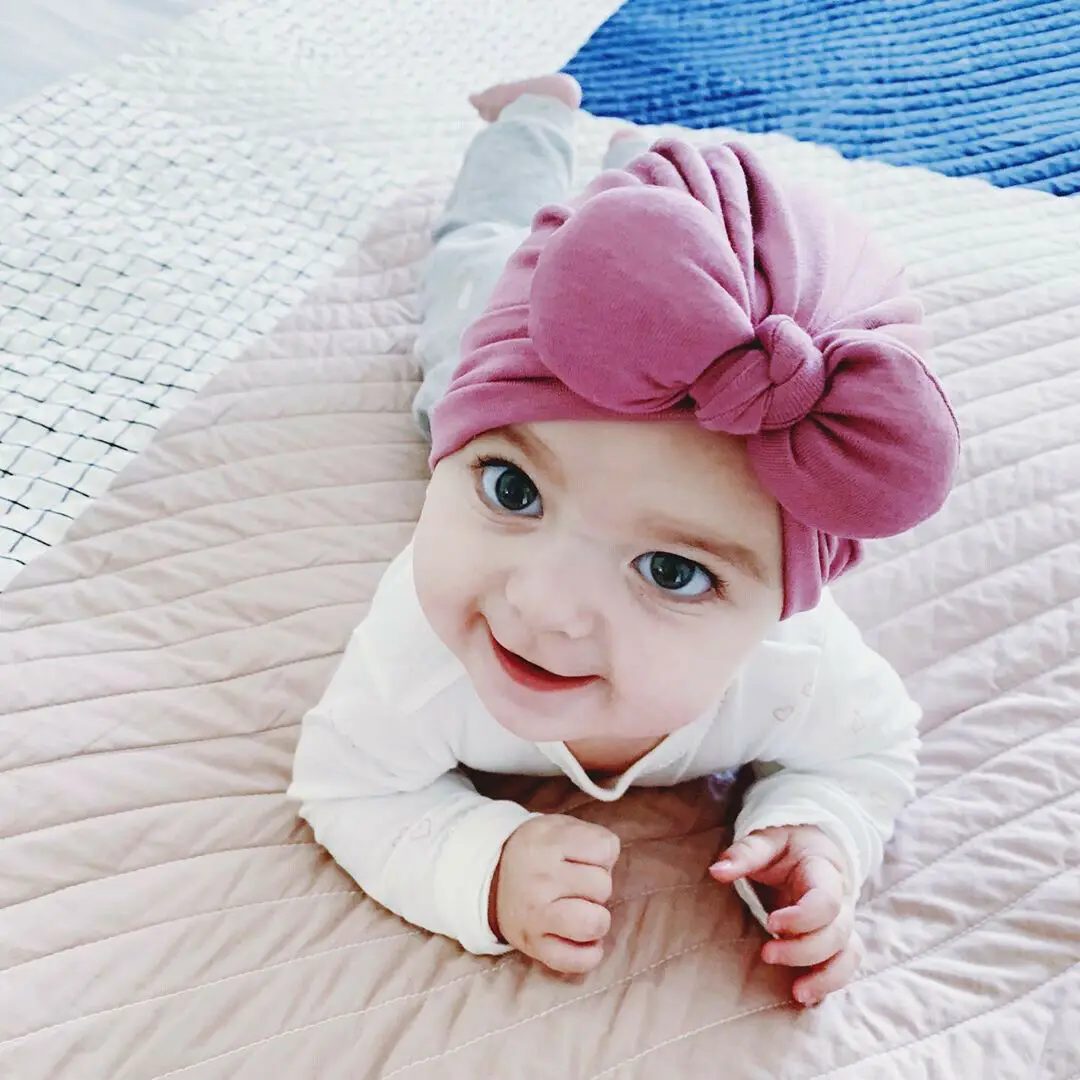 Newborn Toddler Baby Girls Turban Soft Silk Beanie Big Bow Hat Cap Wrap Headwear Headband Hats Accessories Candy Color Cute