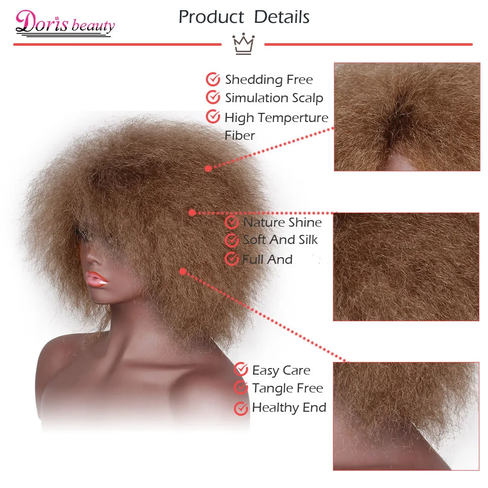 Billige Doris schönheit Afro Perücke für Frauen Afrikanischen Dark Braun Schwarz Rot Farbe Yaki Gerade Kurze Perücke Synthetische Cosplay Haar