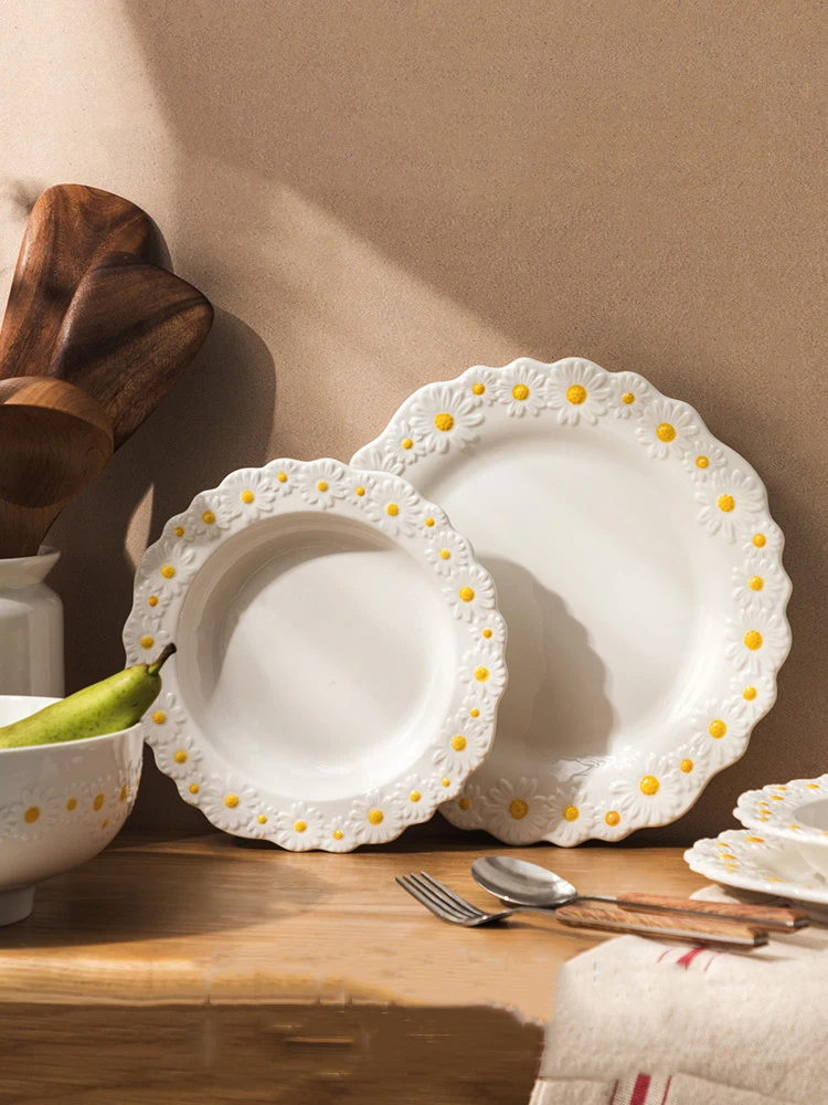 Ceramic Embossed Daisy Dinner Set Plate And Dishes Household Soup Bake Bowl Creative Crockery Tableware