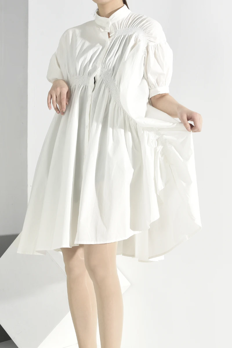 [EAM] женское асимметричное плиссированное платье большого размера, новинка, воротник-стойка, короткий рукав, свободный крой, мода, весна-осень JT5960