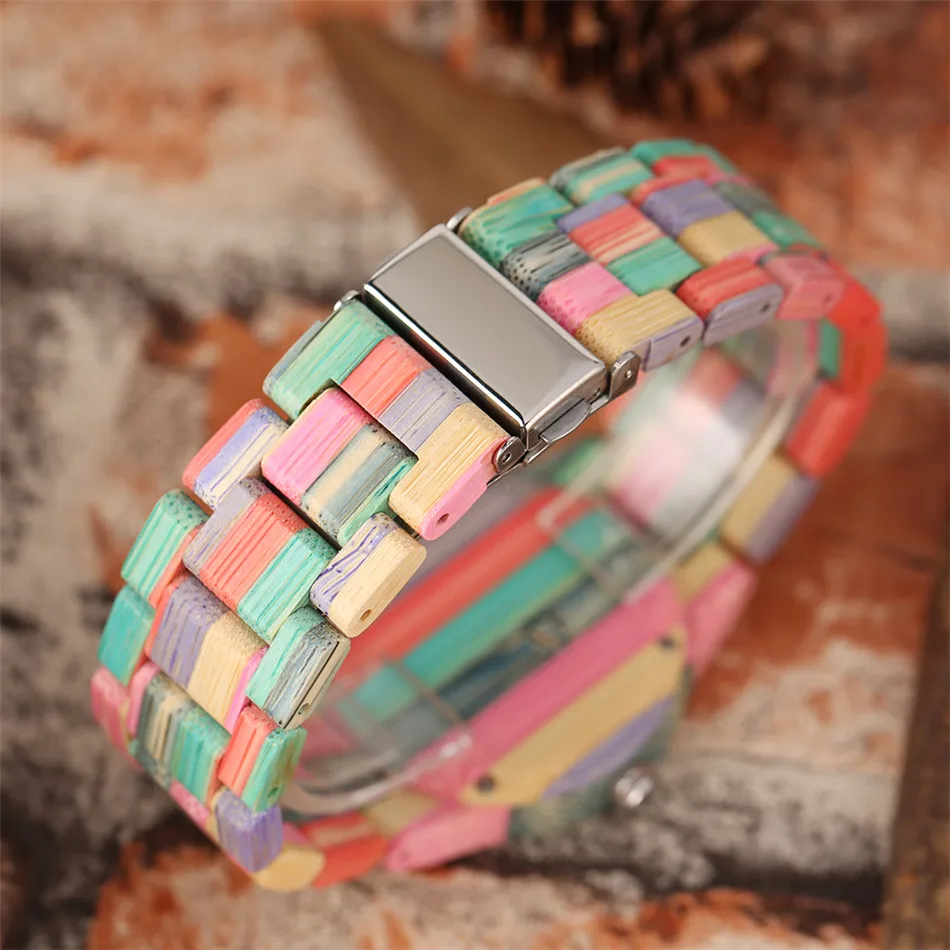 Vintage Stylish Colorful Bamboo Wood Quartz Wristwatch for Men Women Folding Clasp Full Wooden Strap Couples Watches
