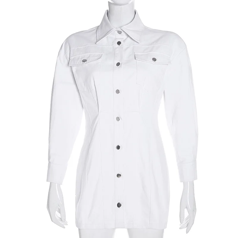 Однотонная однобортная джинсовая рубашка платье Для женщин осень в стиле Рианны; уличная мини платье женские, облегающие платье cwd0645-5