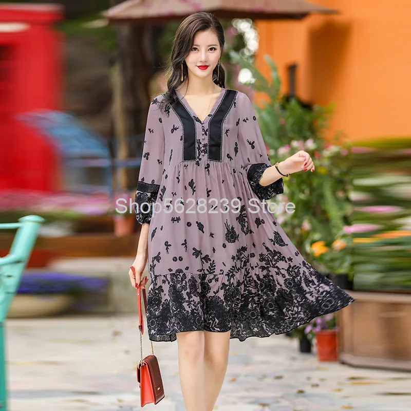 

Loose Covering Meat Silk Skirt 2020 Summer Elegance Positioning Printing Mulberry Silk Dress