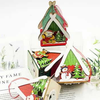 

XFestival Small Wood House Christmas Tree Decorations For Home Hanging Ornaments Holiday Nice Xmas Gift Supplies