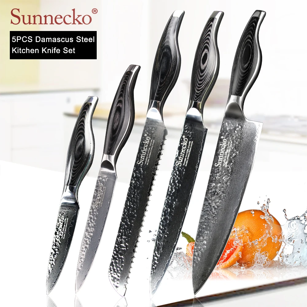 SUNNECKO принадлежности для шеф-повара нож для нарезки хлеба Дамасская сталь японский VG10 лезвие Pakka Деревянная ручка 5 шт. набор кухонных ножей
