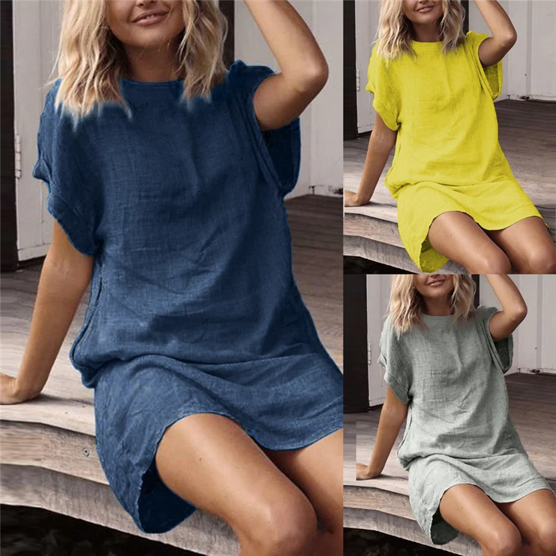 

Women Summer Casual Solid Short Sleeve Dress Crew Neck Linen Dress women summer dress vestidos femininos