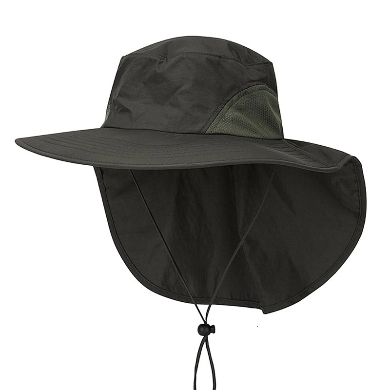 Summer Women's Sun Hat Waterproof Cloak Fishing Hat Men's Breathable Outdoor Sun Protection Cap Ladies Big Brim Windproof Hat - Цвет: Army green