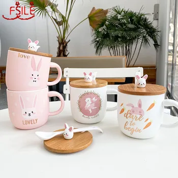

FSILE 450ml Korean Cute Net Red Ceramic Coffee Mug with Lid Spoon Business Office Water Cup Creative Student Gift Cup