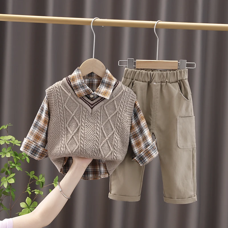 

2021 Autumn Baby Boys Clothing Sets Children Knitted Vest Plaid Shirt Pants Toddler Infant Clothes Outfit Kids Cotton Sportswear