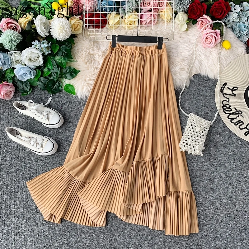 

Gaganight Elegant Women Midi Pleated Skirt Spring Autumn Solid A Line Skirts Office Ladies High Elastic Waist Swing Skirt Retro