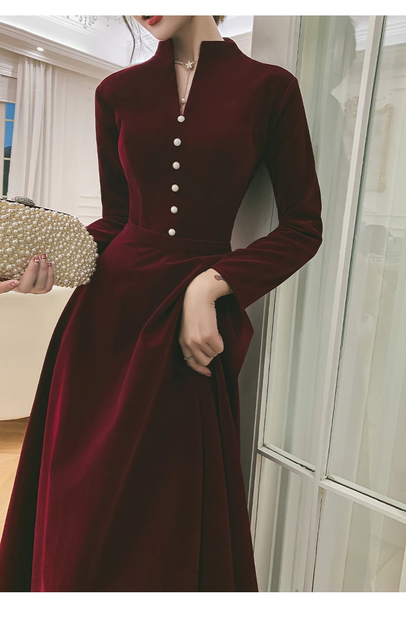 FDHAOLU FU75 Burgundy Velour Muslim Evening Gown V-Neck A-Line Floor Length Dress Long Sleeve Zipper Black Evening Dress black formal gown