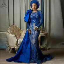 Ярко-синий длинный рукав Выпускные платья арабский кружева длинный Русалка вечернее платье плюс размер Африка женщины для официального пышного торжества платье