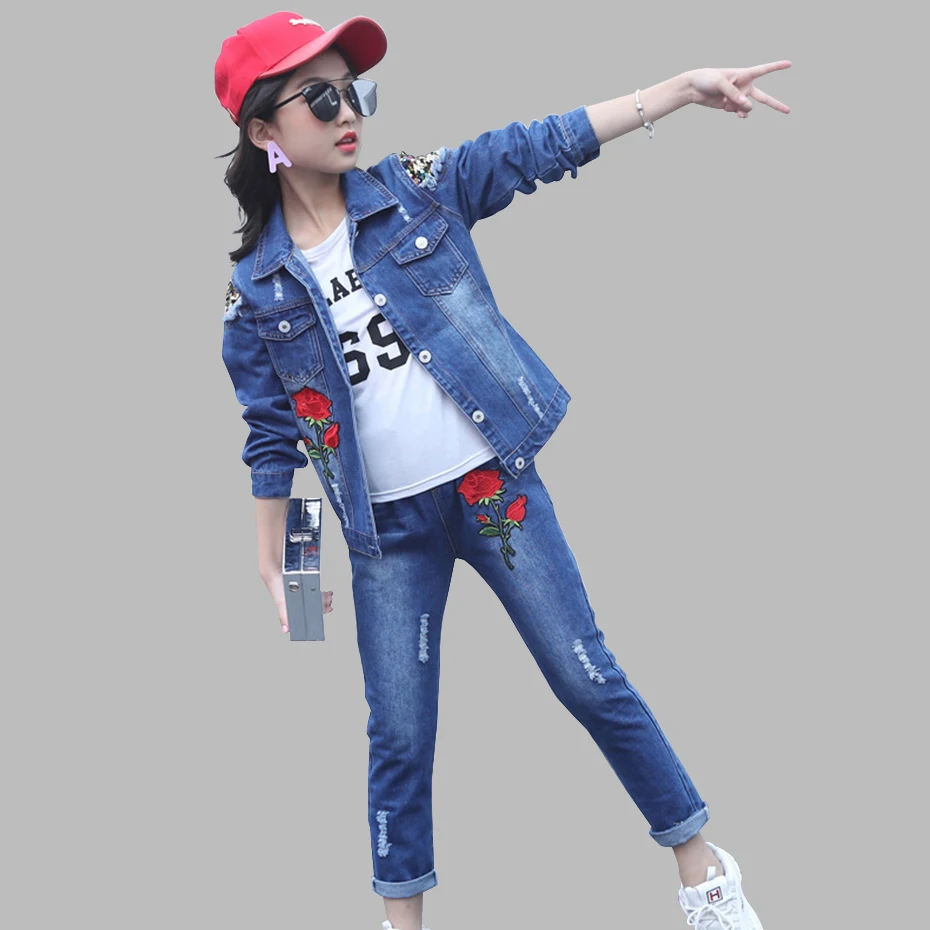 Комплект осенней одежды для девочек куртка с блестками + джинсы модная одежда