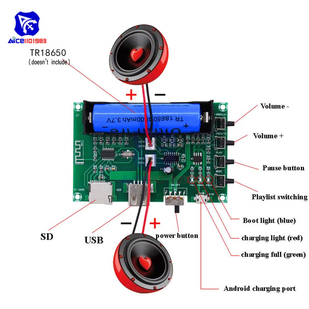 Двухканальный беспроводной цифровой Bluetooth ресивер diymore PAM8403 5 Вт + аудио