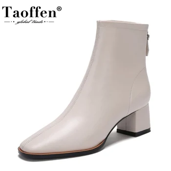 

Taoffen Real Leather Woman Ankle Boots Fashion Zipper High Heel Winter Shoes Woman Warm Short Boot Office Footwear Size 34-39