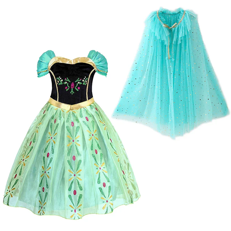Dress and Cloak01 Платье принцессы Анны для девочек; Детский карнавальный костюм; парик с короной; Снежная королева; детское платье для костюмированной вечеринки на день рождения и Рождество - Цвет: Dress and Cloak01