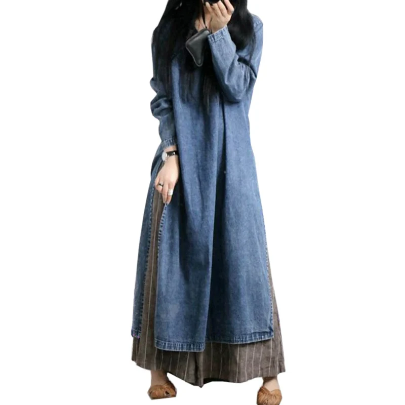 

Lente herfst vrouwen nieuwe art vintage O-hals lange mouwen losse denim jurk stiksels lange casual Plus size jurk Vestidos YM408