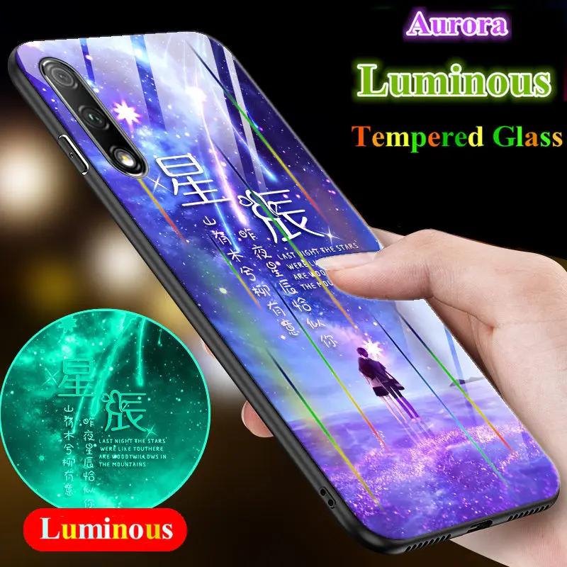 

Luminous Tempered Glass Case For Huawei Honor 9X 8X 7X 6X 8A 8C Aurora Case For Huawei Honor Play 9i 10 V10 V20 8 9 Lite Fundas