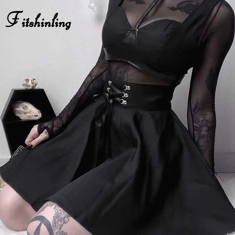 

Fitshinling Lace Up Gothic Pleated Skirts Women Fashion Slim Punk Black High Waist Skirt Ladies Grunge Faldas Mujer Moda 2019